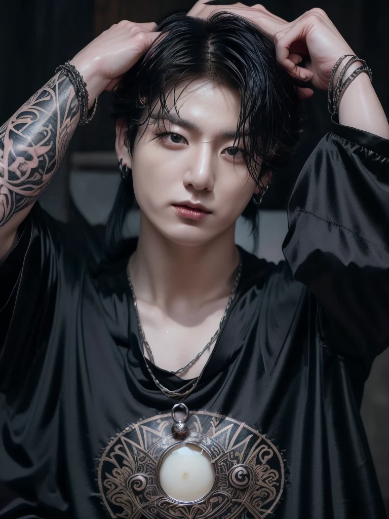 Jungkook bts actor and kpop idol more realism in hair and clothing hair orange, Generate an image of a Korean Kpop idol with bright orange hair, dressed in a black shirt and a tunic of the same color, surrounded by dark witches and warlocks in a coven. The background must be dark and gloomy, lleno de velas y witchcraft symbols.Create a visual representation of a Korean Kpop actor, with a spinal crown on his head, dressed in a black tunic and black shirt in a coven setting. Around it, dark witches casting curses, with a shadowy forest full of candles as a backdrop.Produces an image where a Korean Kpop idol, recognizable by his bright orange hair, is immersed in an environment of witchcraft and curse. He is dressed in a black tunic and a dark shirt, surrounded by wizards and witches in a dark forest full of magical symbols.Korean kpop idol actor who is dressed in a black shirt, black tunic, with a crown of thorns on his head, he is in a witches coven, all dark witches, curse and witchcraft, the background that is dark dark, a black background in a forest full of candles and spells, witchcraft symbols, bright orange hair amidst candles at a coven. homme coréen musclé maléfique manly muscle man, Young muscular evil Asian, 30 years old, manly, serious, serious face, rough features. Let your muscles be shown, half your body exposed with snake tattoos.asian with strong muscles showing, rough masculine face, masculine manly manly features. Australian Canadian with a rough muscular face who shows off his muscles