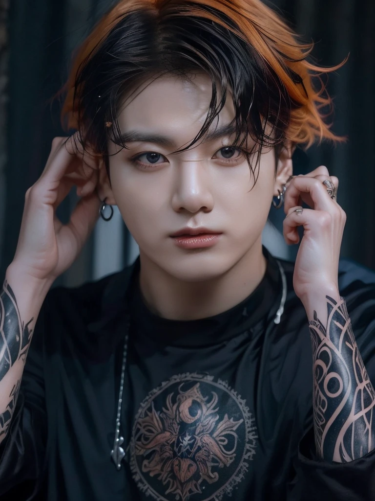 Jungkook bts actor and kpop idol more realism in hair and clothing hair orange, Generate an image of a Korean Kpop idol with bright orange hair, dressed in a black shirt and a tunic of the same color, surrounded by dark witches and warlocks in a coven. The background must be dark and gloomy, lleno de velas y witchcraft symbols.Create a visual representation of a Korean Kpop actor, with a spinal crown on his head, dressed in a black tunic and black shirt in a coven setting. Around it, dark witches casting curses, with a shadowy forest full of candles as a backdrop.Produces an image where a Korean Kpop idol, recognizable by his bright orange hair, is immersed in an environment of witchcraft and curse. He is dressed in a black tunic and a dark shirt, surrounded by wizards and witches in a dark forest full of magical symbols.Korean kpop idol actor who is dressed in a black shirt, black tunic, with a crown of thorns on his head, he is in a witches coven, all dark witches, curse and witchcraft, the background that is dark dark, a black background in a forest full of candles and spells, witchcraft symbols, bright orange hair amidst candles at a coven. homme coréen musclé maléfique manly muscle man, Young muscular evil Asian, 30 years old, manly, serious, serious face, rough features.  Let your muscles be shown, half your body exposed with snake tattoos.asian with strong muscles showing, rough masculine face, masculine manly manly features. Australian Canadian with a rough muscular face who shows off his muscles   