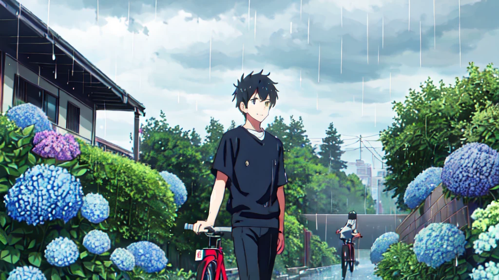 ((Highest quality)), ((masterpiece)), (detailed), Highest quality、High resolution、８K、juvenile、male、male子学生、、soaked、bicycleを全力で漕いでいる、bicycleに乗っている、Very cloudy sky、Shower、Japan、City、bicycle、White short sleeve shirt、Black trousers、bicycleに乗ったJapanの学生服を着たmale子学生の後ろ姿、Heavy downpour、Standing surrounded by hydrangeas、Japanのアニメのような画風、超High resolutionかわいい萌えアニメ8k