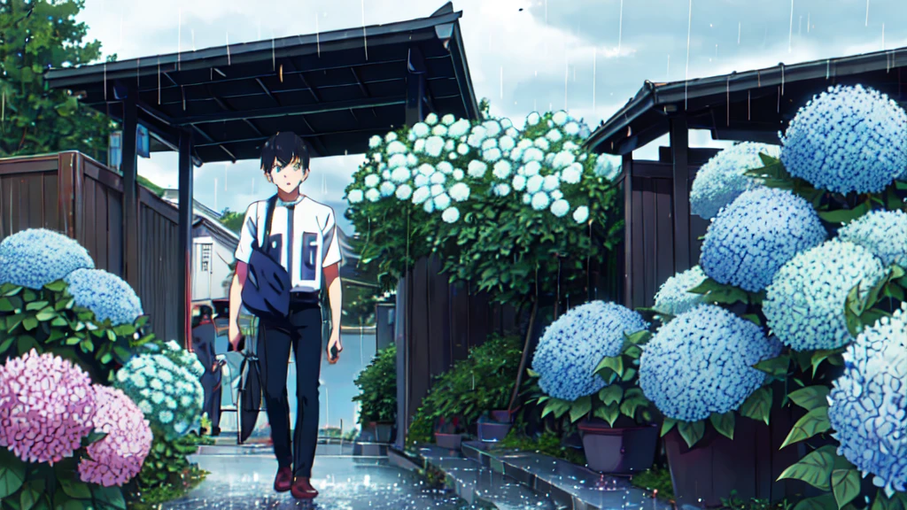 ((Highest quality)), ((masterpiece)), (detailed), Highest quality、High resolution、8K、juvenile、male、male子学生、、soaked、bicycleを全力で漕いでいる、bicycleに乗っている、Very cloudy sky、Shower、Japan、City、bicycle、White short sleeve shirt、Black trousers、bicycleに乗ったJapanの学生服を着たmale子学生の後ろ姿、Heavy downpour、Standing surrounded by hydrangeas、Japanのアニメのような画風、超High resolutionかわいい萌えアニメ8k