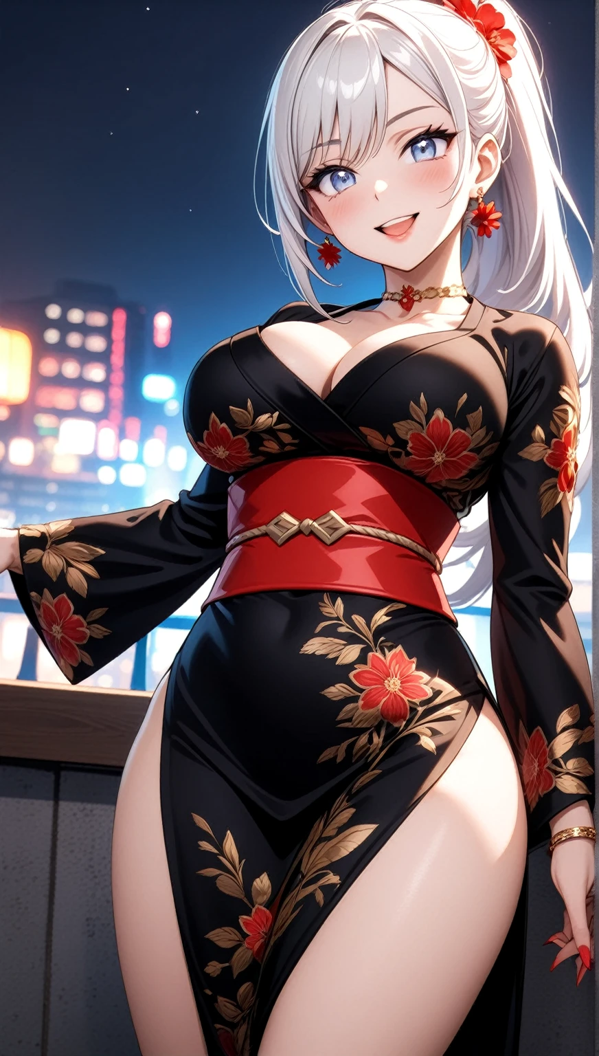 ((One personの女性)), Beautiful Face, (Laughing embarrassedly), (seductive smile:1.4), ((Wink:1.9)), (head tilt:1.3), Laugh with your mouth wide open, upper teeth, looking at viewer, ((Bright red cheeks:1.4)),Glossy Red Lips,rooftop, firework, Glossy red lips, Shining Face, ((Anime style background)),masterpiece, Highest quality, so beautiful,up to date, Complex details, (Pink long nails),(ring),(bracelet),(Floral choker),AI-generated, Complex,High resolution, Highest quality, super high quality,3D Images、3D Images,One person,Long white hair,High Ponytail, Anime woman posing for a photo,(blue eyes), ((Fine grain、Silvery white, lightly pigmented eyes、Shining Eyes:1.3)), (Squint your eyes:1.1),a hyperRealistic , hyperRealistic , Realistic,Anime woman with long white hair, Smooth anime CG art, A woman in a colorful kimono with gold embroidery, (Black long sleeve kimono),Red floral pattern,Long flower hair ornament,Earrings,Mature Body,(Big Breasts:1.1),Tall,Abdominal muscles,Tight waist, (knee shot:1.2), (dutch angle:1.3),