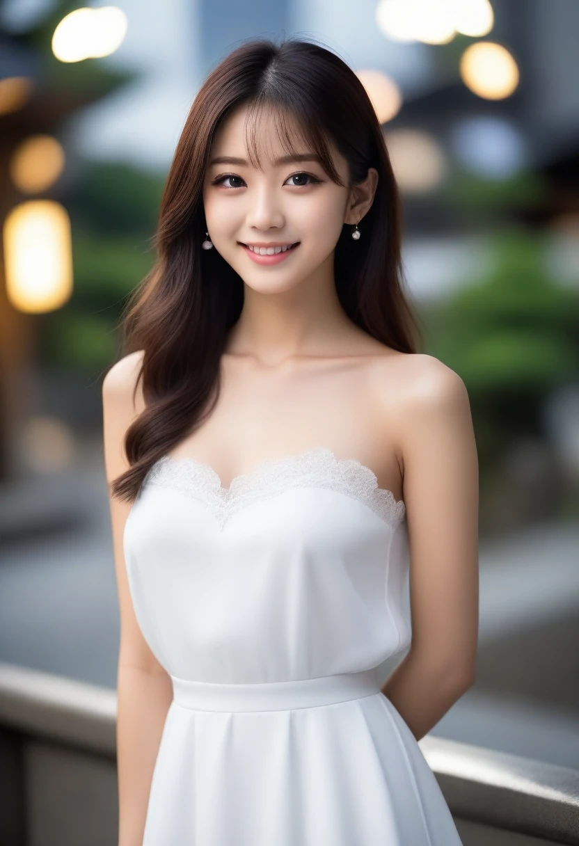 8K, Ultra-high resolution, Highest quality, masterpiece, 三分割法によるphotograph,Surreal, photograph, 1 Girl, (16 years old:1.3), pretty girl, Cute face, Beautiful eyes in every detail, 細かくdetailedに,masterpiece,, One Girl:1.2, Japan Female Announcer,whole body, (White Dress: 1.4), (Outdoor, night: 1.1), Bold side slits,City Street, Super detailed face, Good Eyes, double eyelid,Full of sex appeal,Sensual,A carefree smile,Heal the heart,Black Hair,Layered Hair,Looking at the audience、beauty,Long neck、Laugh a little、Please close your mouth and laugh、(((Ideal body type))),A cup small breasts :2,、Portraiture:2、Perfect Anatomy、鮮明なdetailed、detailed、Surreal、Light and shadow,Strong light