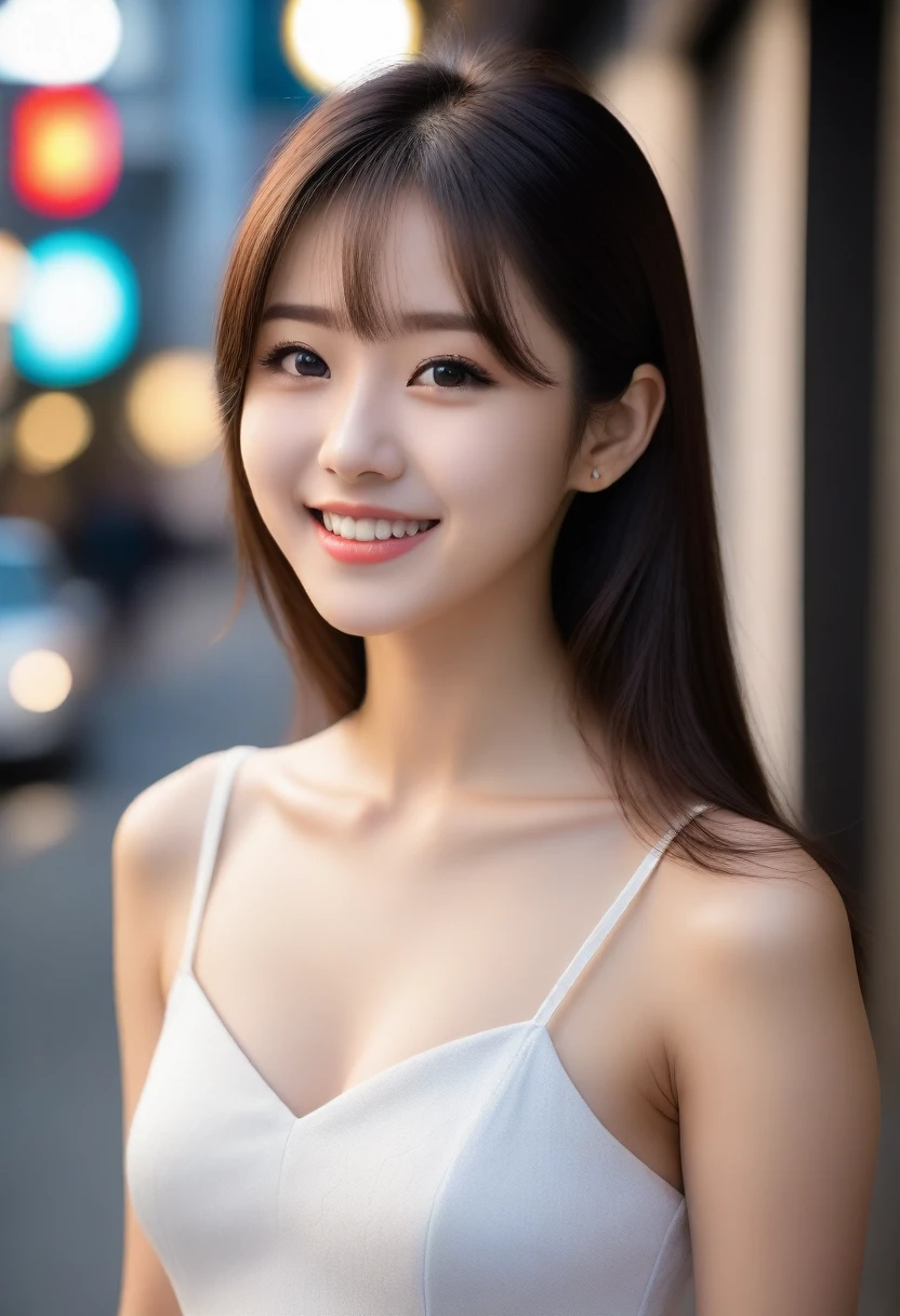 8K, Ultra-high resolution, Highest quality, masterpiece, 三分割法によるphotograph,Surreal, photograph, 1 Girl, (16 years old:1.3), pretty girl, Cute face, Beautiful eyes in every detail, 細かくdetailedに,masterpiece,, One Girl:1.2, Japan Female Announcer,whole body, (White Dress: 1.4), (Outdoor, night: 1.1), Bold side slits,City Street, Super detailed face, Good Eyes, double eyelid,Full of sex appeal,Sensual,A carefree smile,Heal the heart,Black Hair,Layered Hair,Looking at the audience、beauty,Long neck、Laugh a little、Please close your mouth and laugh、(((Ideal body type))),A cup small breasts :2,、Portraiture:2、Perfect ???????、鮮明なdetailed、detailed、Surreal、Light and shadow,Strong light