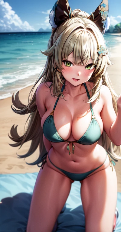 anime, Beautiful Face, Highly detailed face, (Highly detailed green eyes:1.2) , Highly detailed beach background, Best lighting, No Shadow, One girl, alone, Outdoor, Genshin Impact, Kirara, bangs, Beautiful long blonde hair, hair ornaments, Cat ear, Absurd, High resolution, Super sharp, 8K, masterpiece, View your viewers, Blushing, (Teasing Smile:1.2), break (Detailed sexy beach bikini:1.4), (Sexy pose:1.2), close, (Kneeling on the beach:1.25), (Rear view:1.2), Ass View, Looking over your shoulder 