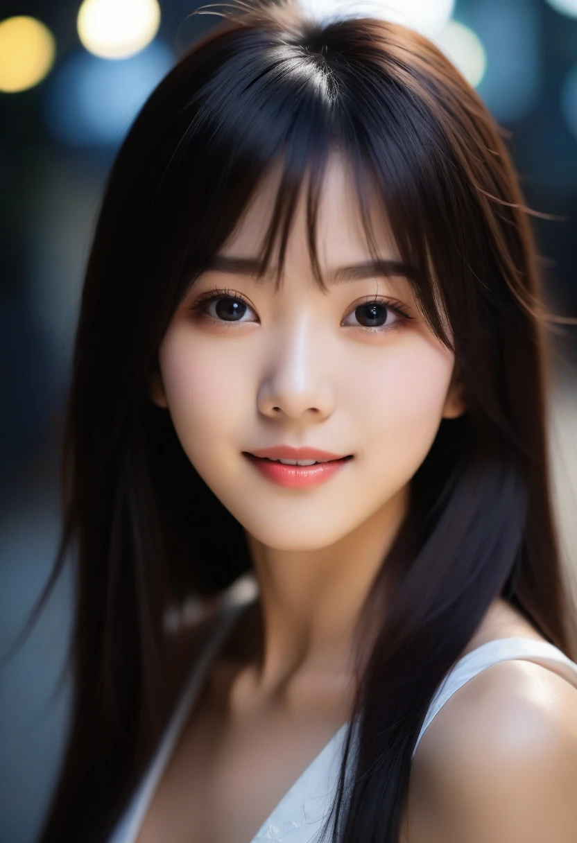 8K, Ultra-high resolution, Highest quality, masterpiece, 三分割法によるphotograph,Surreal, photograph, 1 Girl, (16 years old:1.3), pretty girl, Cute face, Beautiful eyes in every detail, 細かくdetailedに,masterpiece,, One Girl:1.2, Japan Female Announcer,whole body, (White Dress: 1.4), (Outdoor, night: 1.1), Bold side slits,City Street, Super detailed face, Good Eyes, double eyelid,Full of sex appeal,Sensual,A carefree smile,Heal the heart,Black Hair,Layered Hair,Looking at the audience、beauty,Long neck、Laugh a little、Please close your mouth and laugh、(((Ideal body type))),A cup small breasts :2,、Portraiture:2、Perfect Anatomy、鮮明なdetailed、detailed、Surreal、Light and shadow,Strong light
