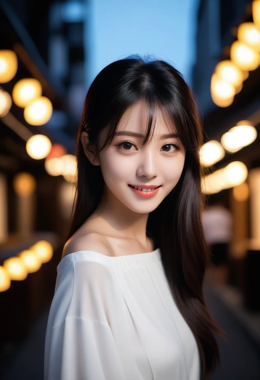 8K, Ultra-high resolution, Highest quality, masterpiece, 三分割法によるphotograph,Surreal, photograph, 1 Girl, (:1.3), pretty girl, Cute face, Beautiful eyes in every detail, 細かくdetailedに,masterpiece,, One Girl:1.2, Japan Female Announcer,whole body, (White Dress: 1.4), (Outdoor, night: 1.1), Bold side slits,City Street, Super detailed face, Good Eyes, double eyelid,Full of sex appeal,Sensual,A carefree smile,Heal the heart,Black Hair,Layered Hair,Looking at the audience、beauty,Long neck、Laugh a little、Please close your mouth and laugh、(((Ideal body type))),A cup small breasts :2,、Portraiture:2、Perfect Anatomy、鮮明なdetailed、detailed、Surreal、Light and shadow,Strong light