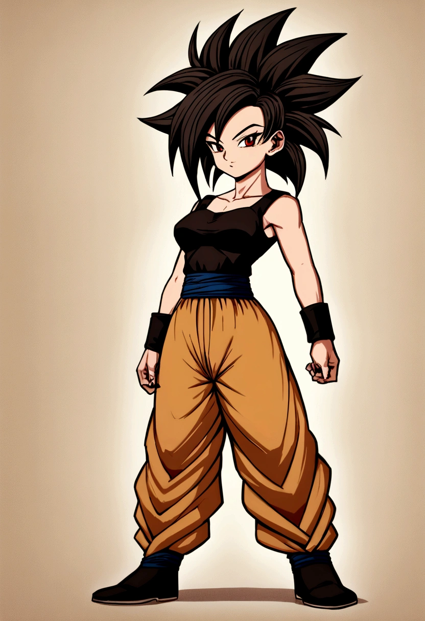Make me a female Saiyan, long dark hair, now make her wear Saiyan clothes