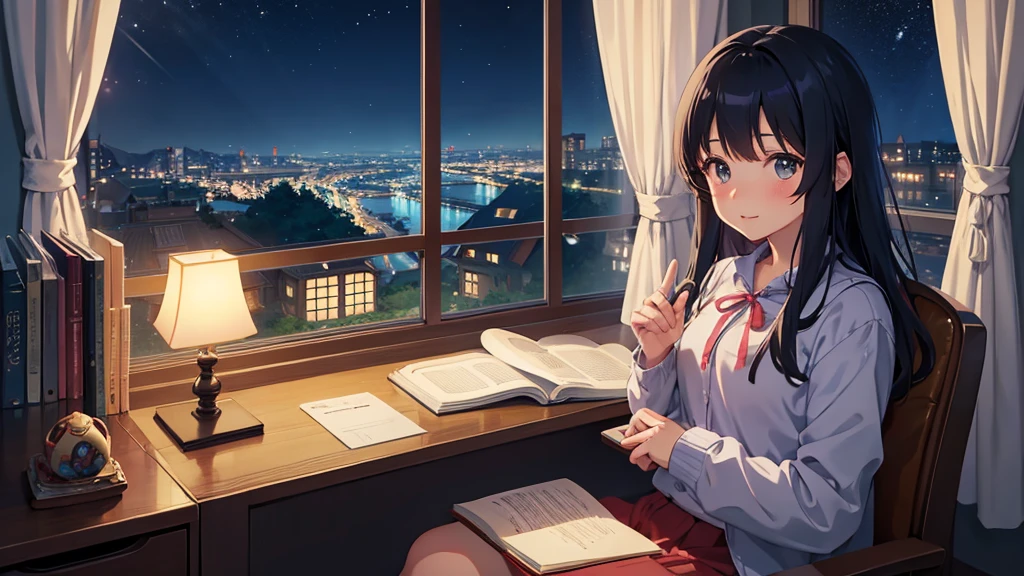 Ghibli style, A girl studying alone at a desk,Beauty, Night view from the room, A dreamy look outside the window, Cute girl in anime style, Relax in your room