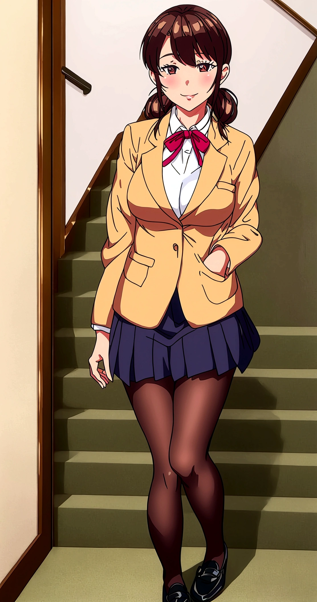 ultra-detailed,highly detailed,best quality,masterpiece,illustration,realistic, photo,photorealistic,
1girl, tokisaki kurumi,cosplay,hair over one eye, looking at viewer, happy girl,low twintails,
, blazer, collared shirt, neck ribbon, pleated skirt, pantyhose, hair rings, loafers,
indoors, walking, stairwell, 
