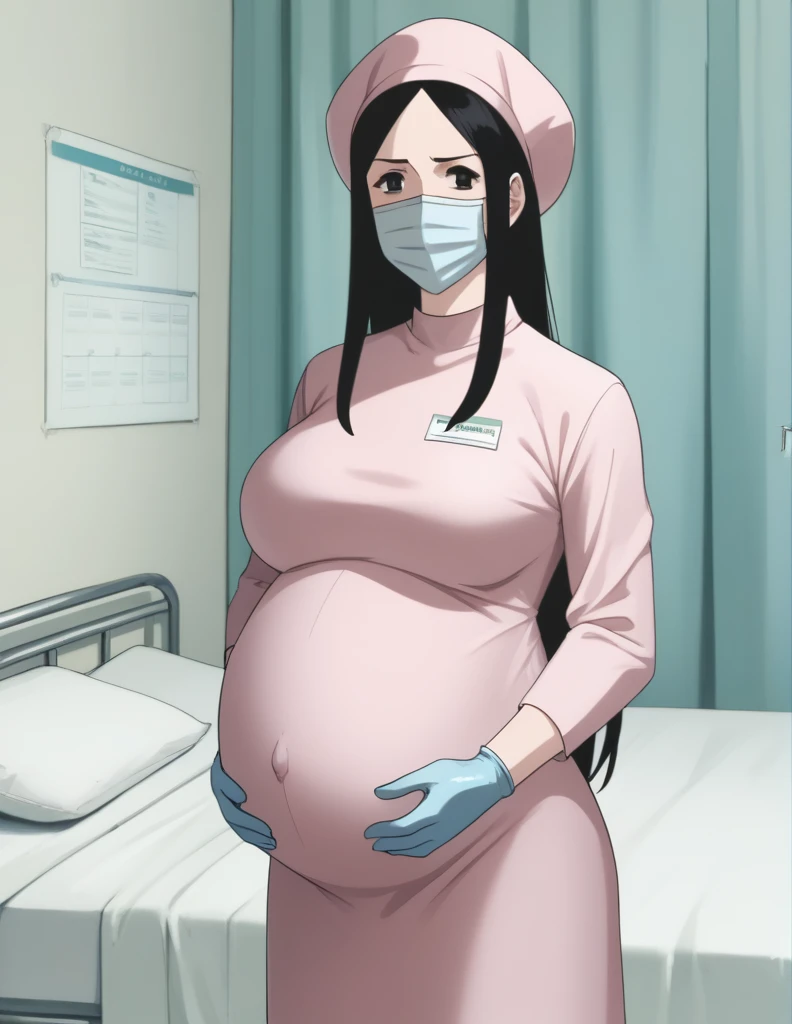 score_9, score_8_up, score_7_up, source_anime, kasuganoray, pale skin, long hair, shy eyes, highest quality, masterpiece, big breasts, surgical mask, surgical cap, long sleeve maternity dress, seamless,
1 girl, pregnant, solo, rubber gloves, frown, standing, in one hospital, hospital bed,