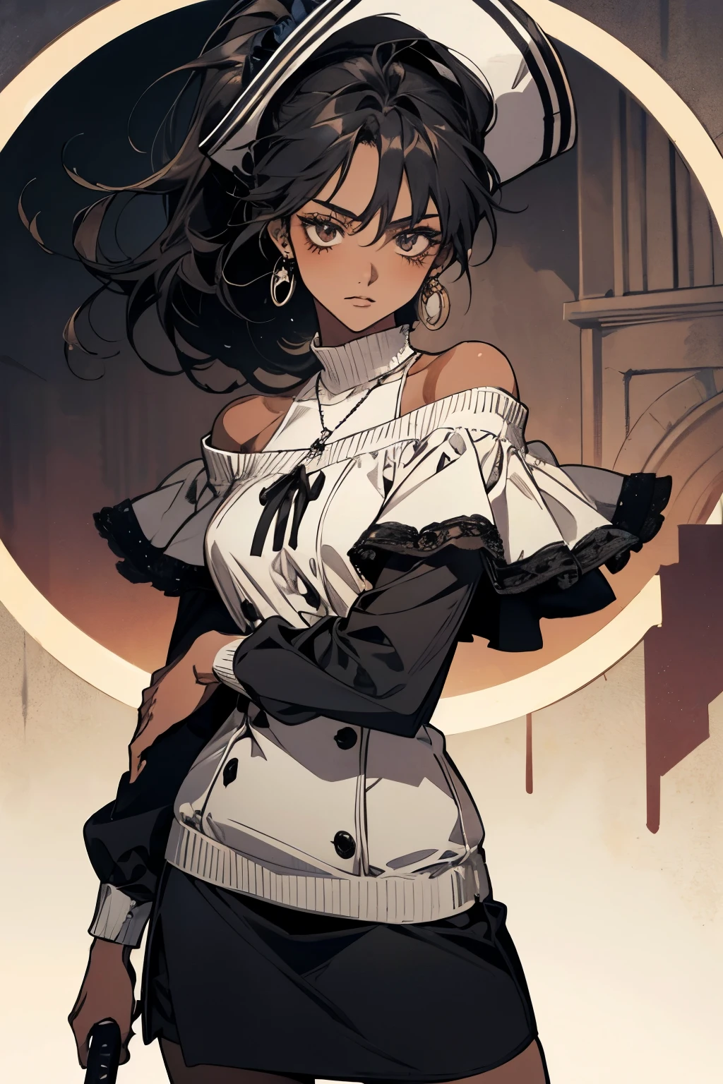 ((Best Quality)), ((Masterpiece)), (detailed), (anime), (Cartoon), 1 girl, tanned skin, off shoulder sweater, pirate accessories, gloomy appearance, medieval dress, pirate hat, earrings, katana, black skin, long hair, black hair, ponytail, ((Best Quality)), ((Masterpiece)), (detailed), (anime), (Cartoon), (80's Cartoon), mujer con black hair largo, black skin, pirate accessories, gloomy appearance, medieval courtesan dress, tanned skin, loose white shirt, black open skirt, yandere