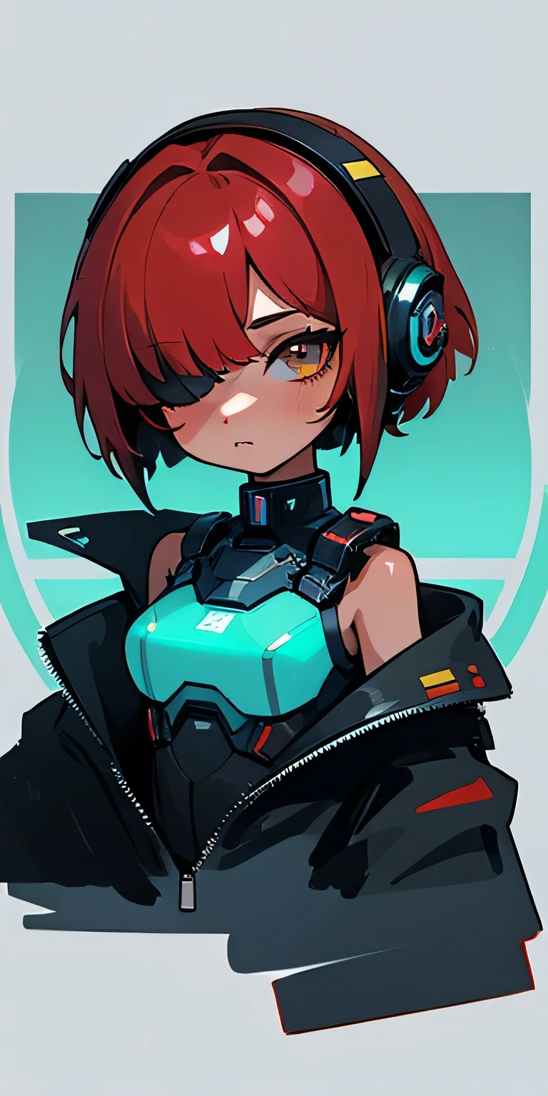 1girl in, android, Cyberpunk, red hair, cyan and yellow eyes, Short hair, White breastplate, Black futuristic headphones, Mechanical black glossy metallic Bodysuit, Bare shoulders, oversized jacket, Glossy, shiny material,chibi emote, chibi character, cyberpunk city,