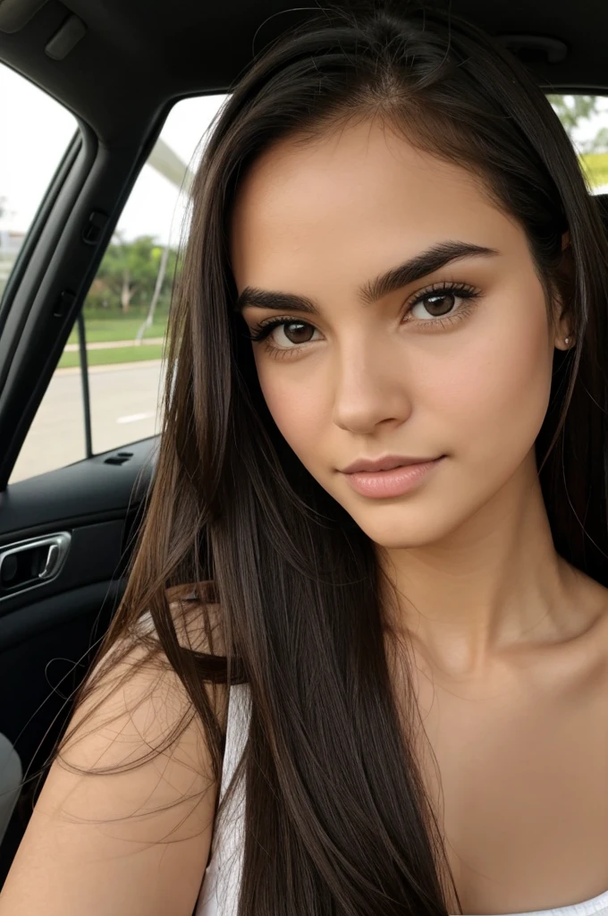 Very white skinned girl, Mexican nationality. Medium, oval, almost black brown eyes, long eyelashes, oval and slightly wide head, cachetona, medium nose not drooping, but not very upturned either. Very small and thin lips. jaw a little protruding, very big forehead. Straight and short bangs on the forehead, very long hair, wavy and dark brown color. Small mole next to the nose on the right side. wide eyebrows. overweight.
Naked and having sex with her driver in a limousine.
full body image.