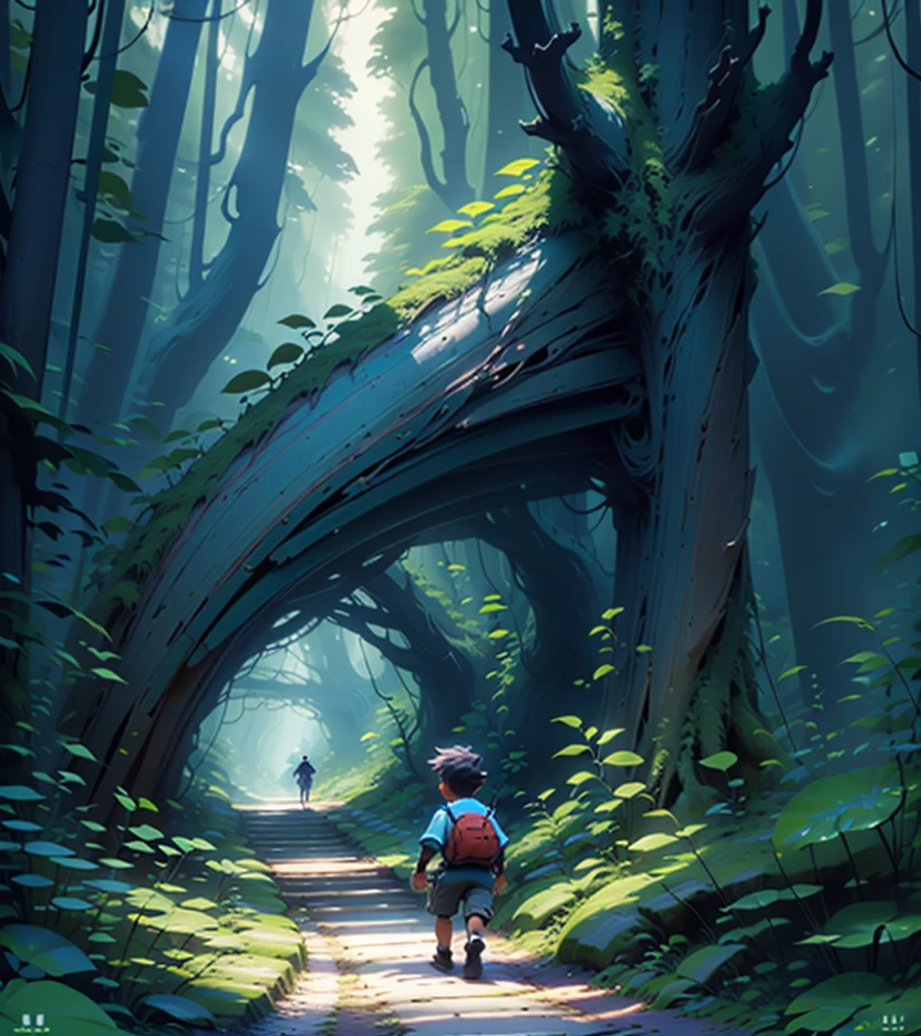 Adventurous boy playing in an enchanted forest