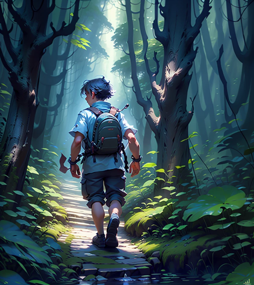 Adventurous boy playing in an enchanted forest