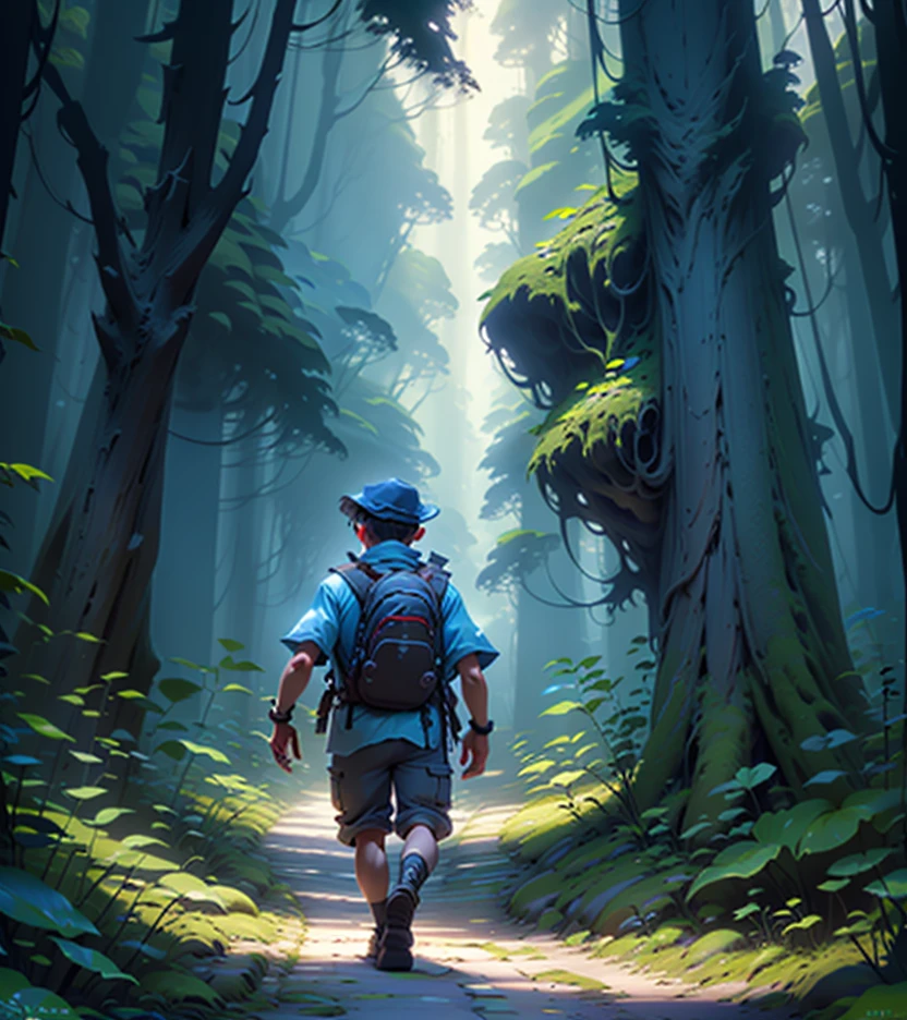 Adventurous boy playing in an enchanted forest