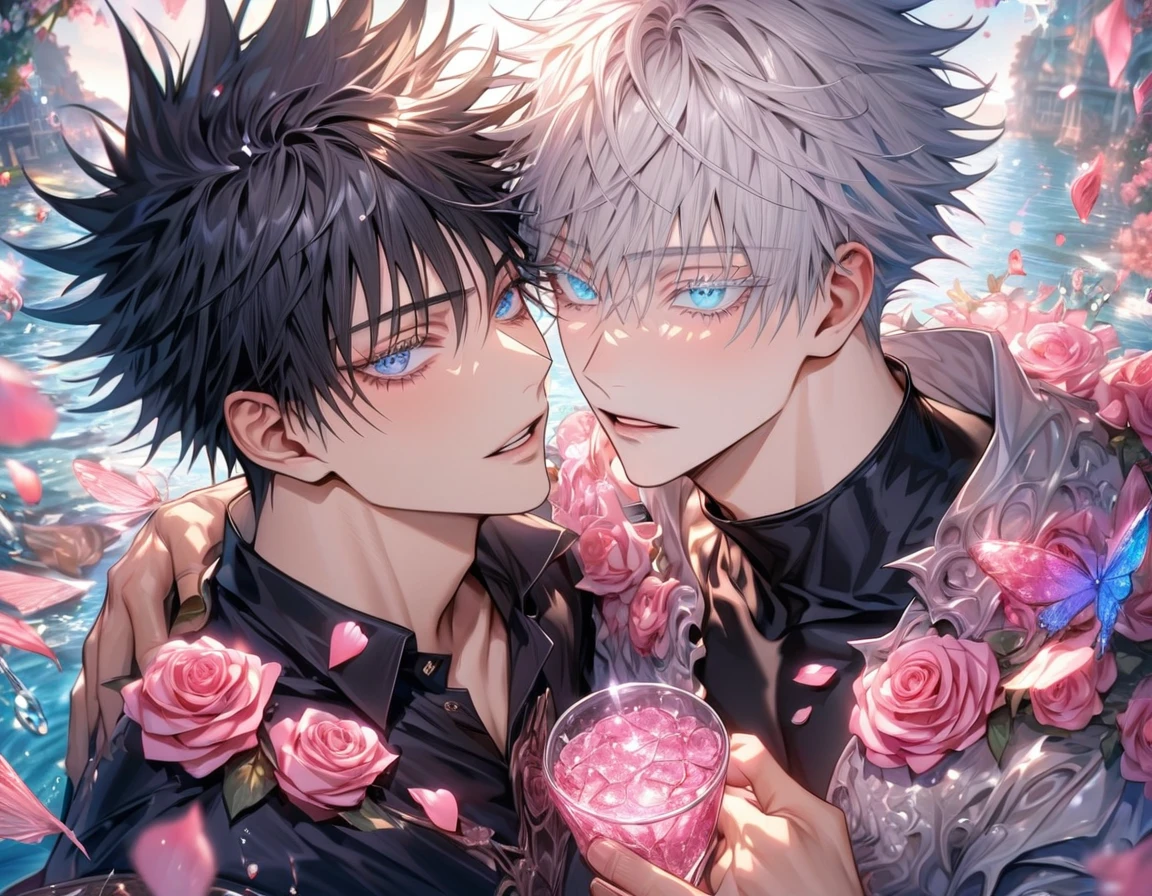 Ultra detailed, HDR, Highres, absurdres, master piece, Gojou Satoru, expressive blue eyes, white hair with bangs, white eyelashes, Fushiguro Megumi, expressive blue eyes, black hair, Jujutsu Kaisen, black shirt, pink glittering butterflies, pink ice, petals, pink ice glass roses, 2 ???? men together, gay couple, love, handsome, glittering, water, fantasy, magical