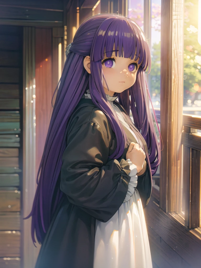 è²ä¼¦,1girl,solo,purple hair,long hair,purple eyes,blunt bangs,sidelocks,half updo,bright pupils, hair ornament,frilled collar,black robe,white dress,center frills,buttons,wide sleeves,long sleeves,curvy,cowboy shot,brown coat,from side,smile,, Exquisite visuals, high-definition,masterpiece,best quality,, 20yo,Young female,Beautiful Finger,Beautiful long legs,Beautiful body,Beautiful Nose,Beautiful character design, perfect eyes, perfect face,expressive eyes, looking at viewer, official art,extremely detailed CG unity 8k wallpaper, perfect lighting,Colorful, Bright_Front_face_Lighting,shiny skin, (masterpiece:1.0),(best_quality:1.0), ultra high res,4K,ultra-detailed, photography, 8K, HDR, highres, absurdres:1.2, Kodak portra 400, film grain, blurry background, bokeh:1.2, lens flare, (vibrant_color:1.2), (beautiful_face:1.5),(narrow_waist), 