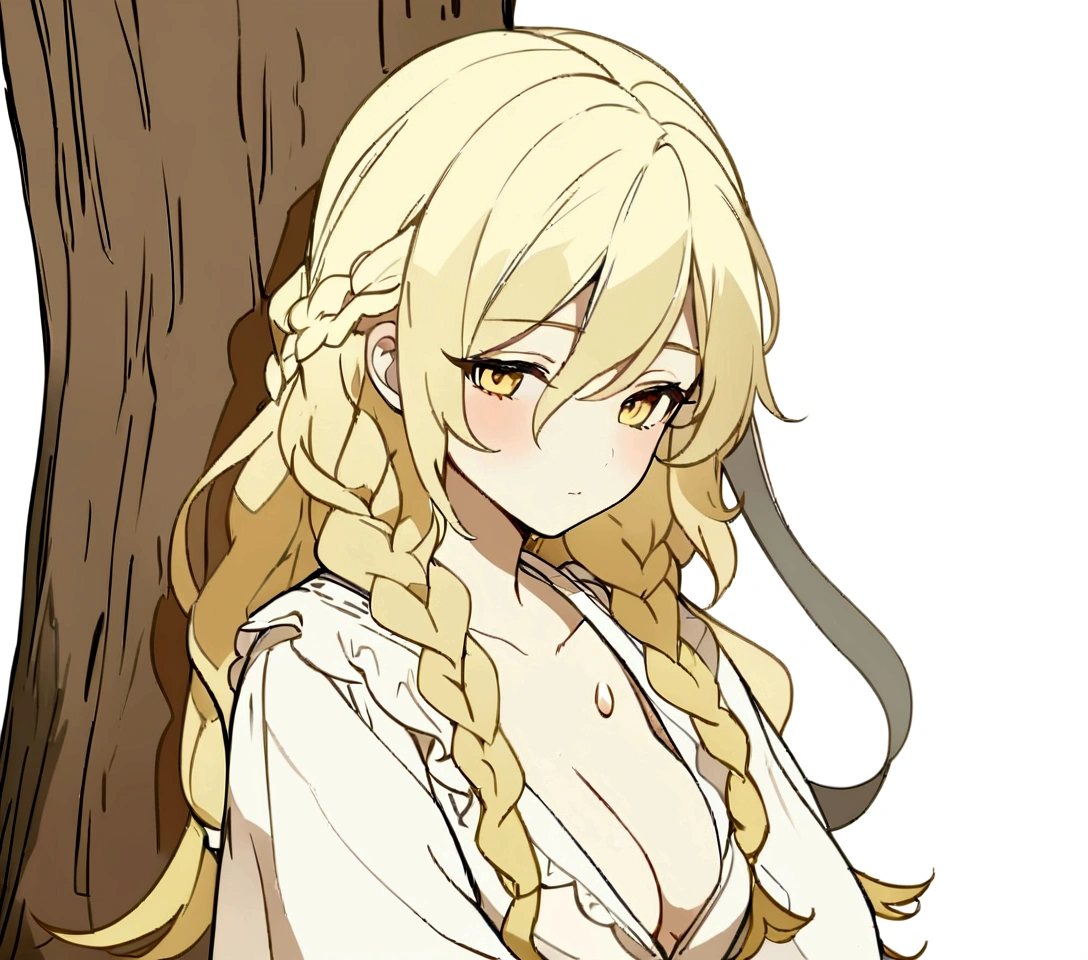 Masterpiece, High quality, High quality of art, anime lineart, Oil painting style, 1boy, Femboy, Light golden hair, braids, Yellow eyes, red eyeshadows, calm, half-asleep, near a large tree, feminine, in simple rustic clothes, Half-naked, morning, Pale,