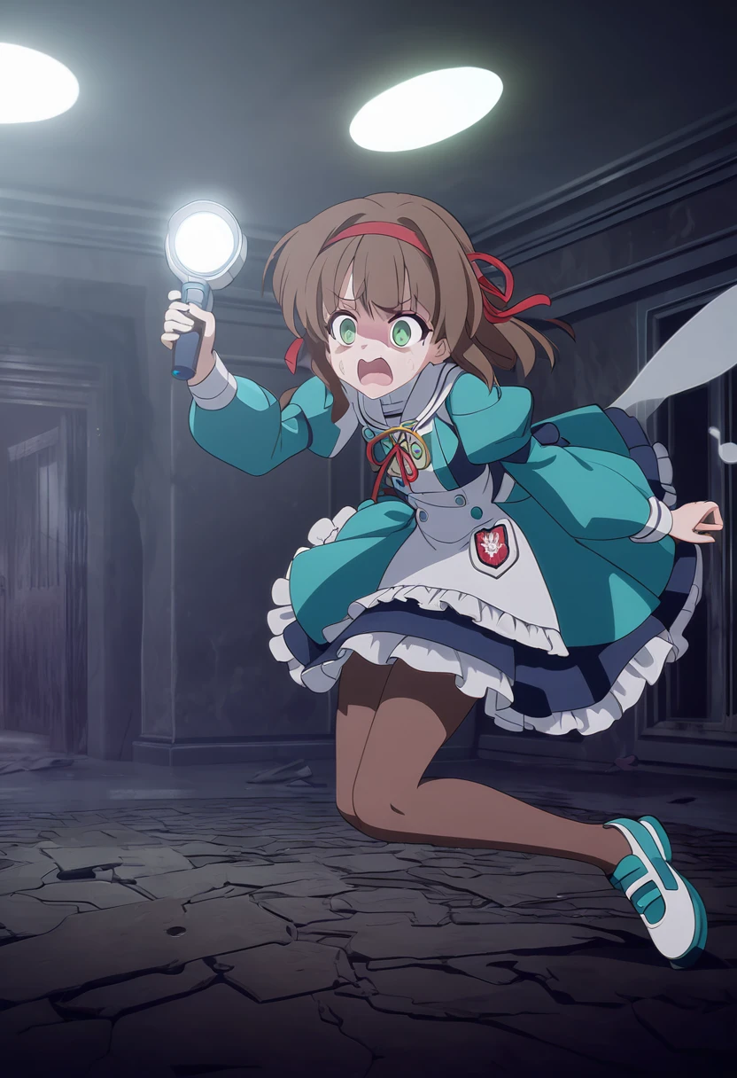(best quality,4k,highres) A cute 15 years old japaneese girl, drawn in anime style, futuristic, Frutiger aero aesthetic, sci-fi, is afraid, jade green eyes, long brown hair, ribbon headband, small breast, white and blue futuristic sailor lolita dress with puffy sleeves, school crest, red ribbon, navy blue pantyhose, High tech sport shoes with glowing parts, holding a flashlight, screaming in horror, in a abandoned haunted mansion, running away from a creepy ghost, at night, moonlight, low brightness, darkness, highly detailed, 4K.