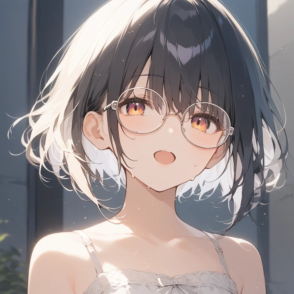score_9, score_8_up, score_7_up, source_anime, best quality, masterpiece, official art, absurdres, highres, ultra-detailed,waifu2x,expression chart, Collection: Slice of Life,break,1girl, very short hair,straight hair, long bangs, hair over eyes, glasses, small breasts, skirt, sweat, open mouth, outdoors, summer, break,(clear line illustration:1.2),very high resolution, very aesthetic, super detailed skin, Best sexual lighting powered by famous artist, 8k,cute picture,beauty illustration,photoshop_(medium),,(Detailed Lighting),best anime 8k konachan wallpaper, pixiv contest winner, 