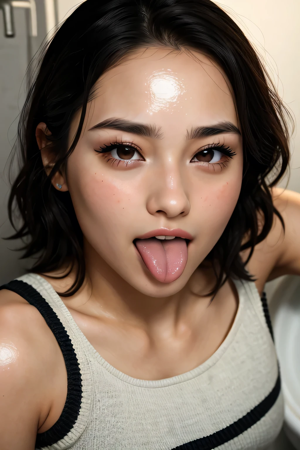 Ruri Miura,Beautiful Japanese actresses、1 Girl,(masterpiece:1.2, Highest quality), (Realistic, photoRealistic:1.4),,Face Focus, Big double eyes(Woman with open mouth and closed eyes ), 21 years old、Black Hair、Shiny skin、(((Face close-up)))、Realistic nostrils、Long and narrow nasal cavity,,,、In the toilet、(On the floor of a public toilet)、squat、((Knitted dress))、Big Breasts、(Sharp Nose)grimacing performance:1.4,,expression,Grimacing,please raise your head、Skin shiny with sweat,Oily facial skin,Biting your lip,Tied Hair,Wearing a tank top,Please put your nose closer to the camera,Bright lighting from the ceiling,Put your hands behind your back,((Sticking out a long tongue))((oily skin))((hyper realistic detail shiny skin,real skin))