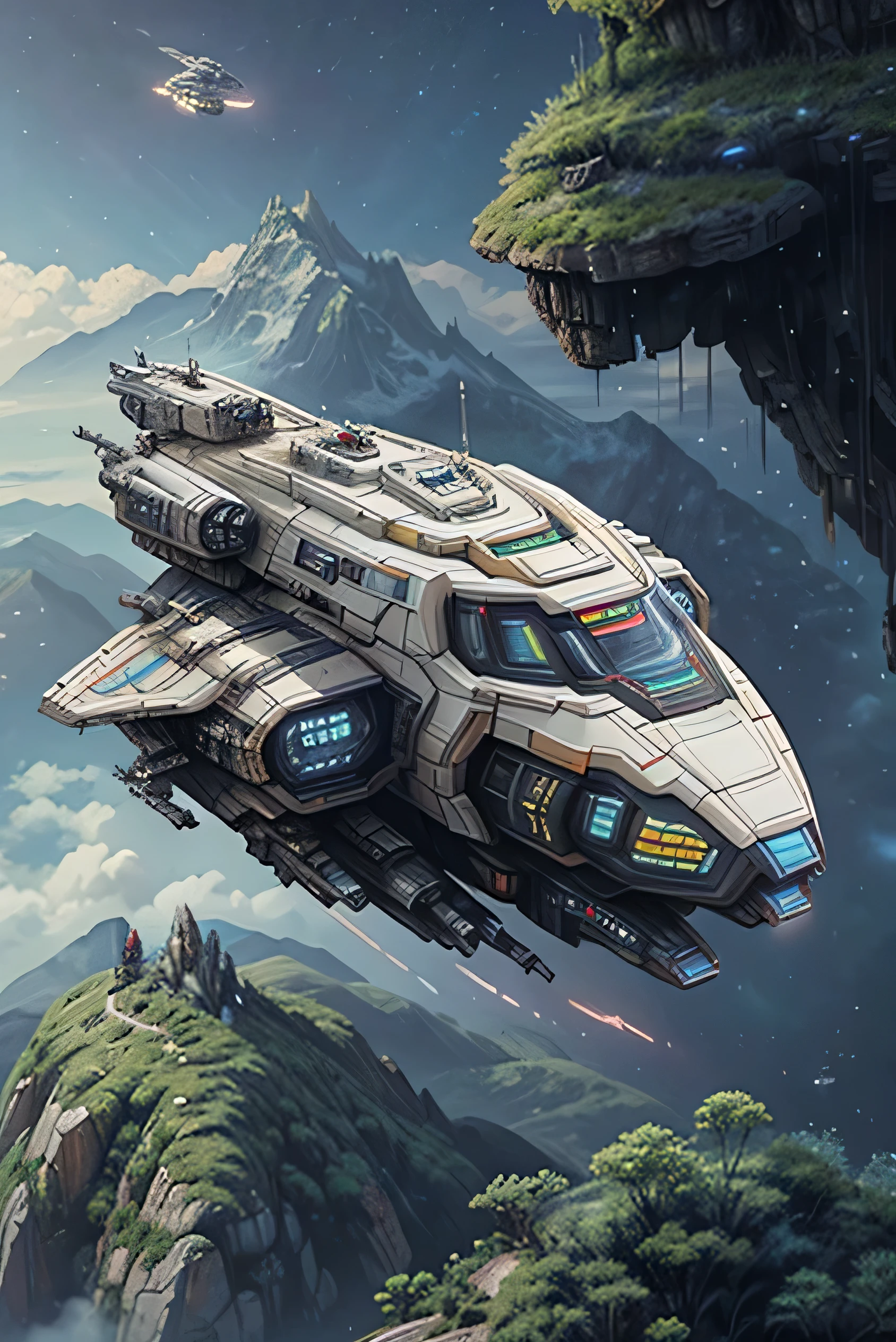 spaceship flying over a mountain with sky background, verdant exoplanet, science fiction spaceship, science fiction fantasy art (another angle), (((showing the back of spaceship)))