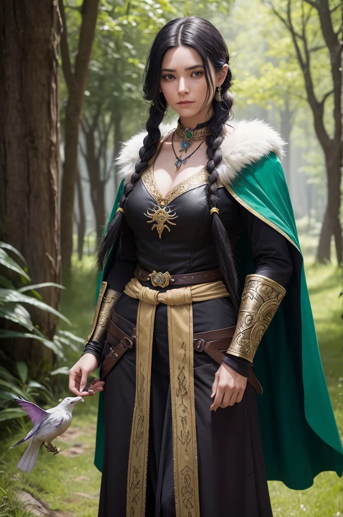 Create a female RPG or game character with the appearance of a woman of indigenous origin with long black hair in a hairstyle with a large braid on the side and two locks, one purple and one yellow. She has a medieval style outfit but wears pants instead of green dress in shades of green and a dark berge medieval style cape, she is a warrior, on his shoulder there is an animal, a mix of white-colored bird of prey and dragon, who has a necklace that carries a crystal, the warrior also has the same necklace around her neck, but much larger.