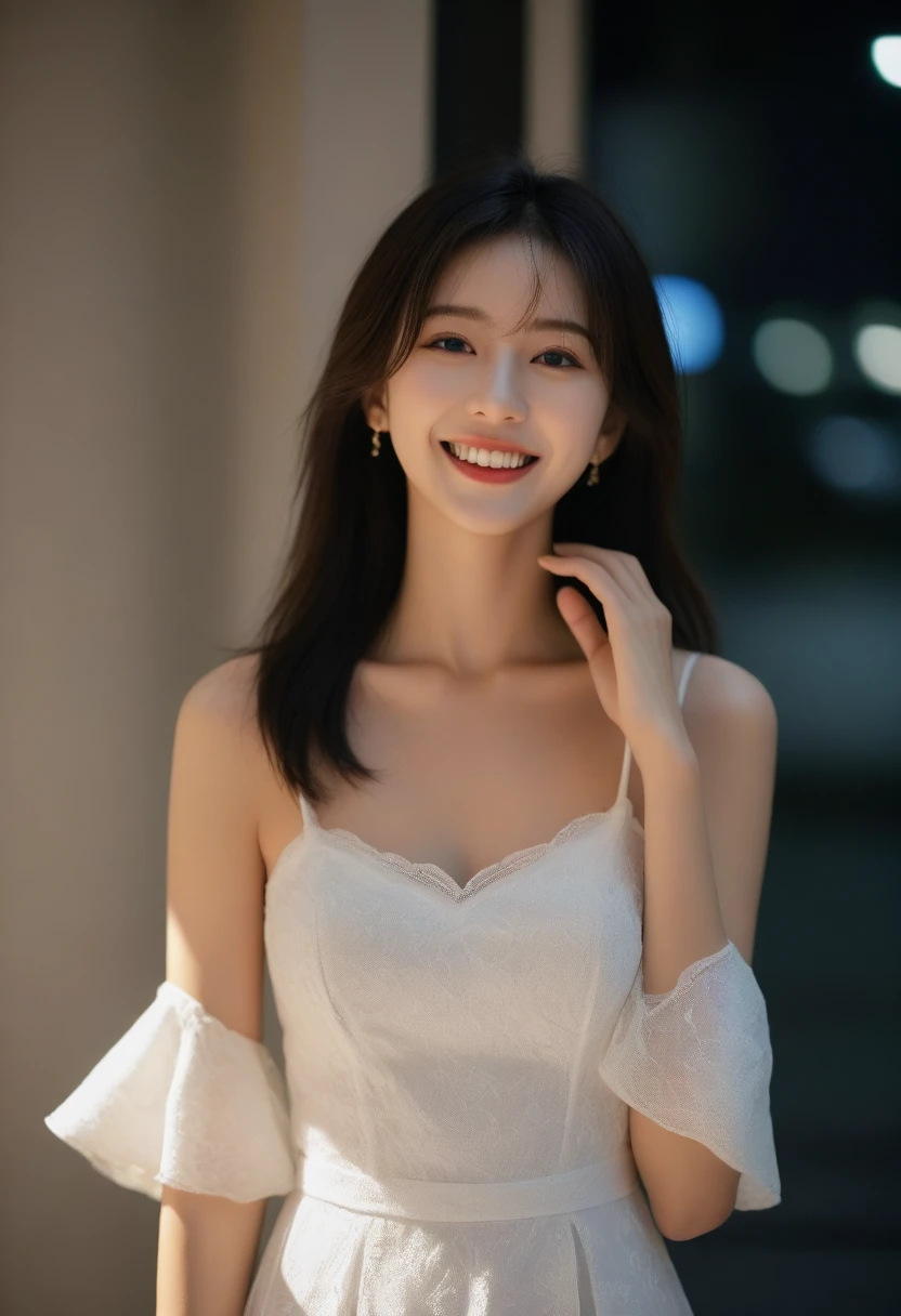 8K, Ultra-high resolution, Highest quality, masterpiece, 三分割法によるphotograph,Surreal, photograph, 1 Girl, (16 years old:1.3), pretty girl, Cute face, Beautiful eyes in every detail, 細かくdetailedに,masterpiece,, One Girl:1.2, Japan Female Announcer,whole body, (White Dress: 1.4), (Outdoor, night: 1.1), Bold side slits,City Street, Super detailed face, Good Eyes, double eyelid,Full of sex appeal,Sensual,A carefree smile,Heal the heart,Black Hair,Layered Hair,Looking at the audience、beauty,Long neck、Laugh a little、Please close your mouth and laugh、(((Ideal body type))),A cup small breasts :2,、Portraiture:2、Perfect Anatomy、鮮明なdetailed、detailed、Surreal、Light and shadow,Strong light