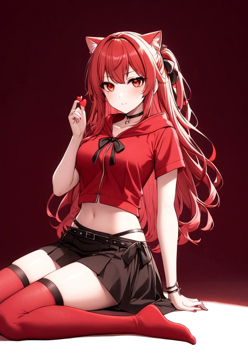 a girl with a red skirt and a black skirt that is under the red shirt . red stockings . red zip up hoodie, black shirt underneath with short sleeves and ,red hair, long hair and a flower with a ribbon on the bottom on the side on the hair and red eyes has a black Choker , and a small heart red necklace , has a ribbon bow waistband , full body
