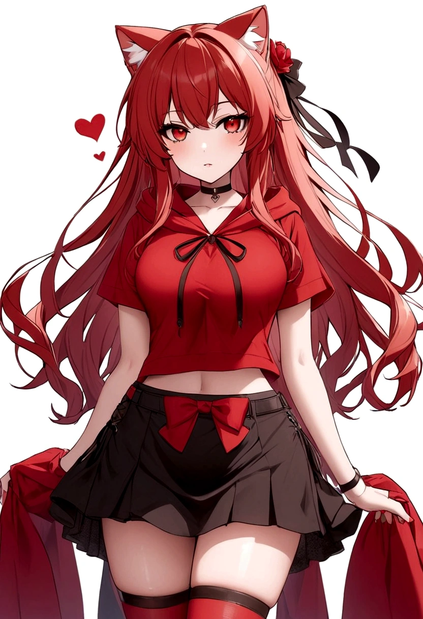 a girl with a red skirt and a black skirt that is under the red shirt . red stockings . red zip up hoodie, black shirt underneath with short sleeves and ,red hair, long hair and a flower with a ribbon on the bottom on the side on the hair and red eyes has a black Choker , and a small heart red necklace , has a ribbon bow waistband , full body
