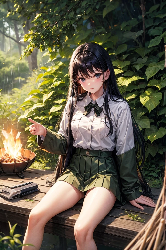 Best image quality, forest, Bonfire, midnight, uniform, army, ""White underwear"", stand, Spread your legs, Rainfall, Black Hair, ""woman"",