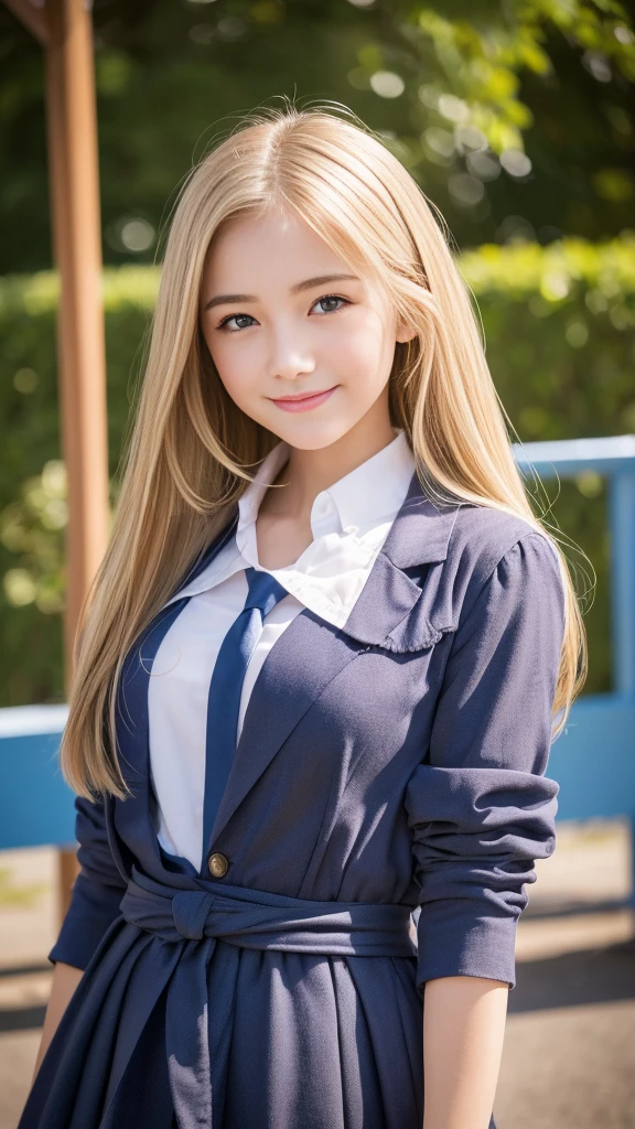 Highest quality,masterpiece:1.3,Ultra-high resolution),(Very detailed,Caustics,8K),(Realistic:1.4,RAW shooting),Wearing a high school uniform、American Girl,smile,18-year-old,Blonde Hair Color、American eyes、Straight long haircut,Looking into the camera,School playground、Waist up shot,front,Face Focus,Face close-up,(Warm Light),Professional Writing、Stretching exercises