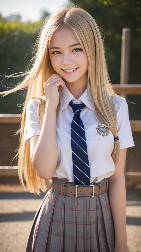 Highest quality,masterpiece:1.3,Ultra-high resolution),(Very detailed,Caustics,8K),(Realistic:1.4,RAW shooting),Wearing a high school uniform、American Girl,smile,18-year-old,Blonde Hair Color、American eyes、Straight long haircut,Looking into the camera,School playground、Waist up shot,front,Face Focus,Face close-up,(Warm Light),Professional Writing、Stretching exercises