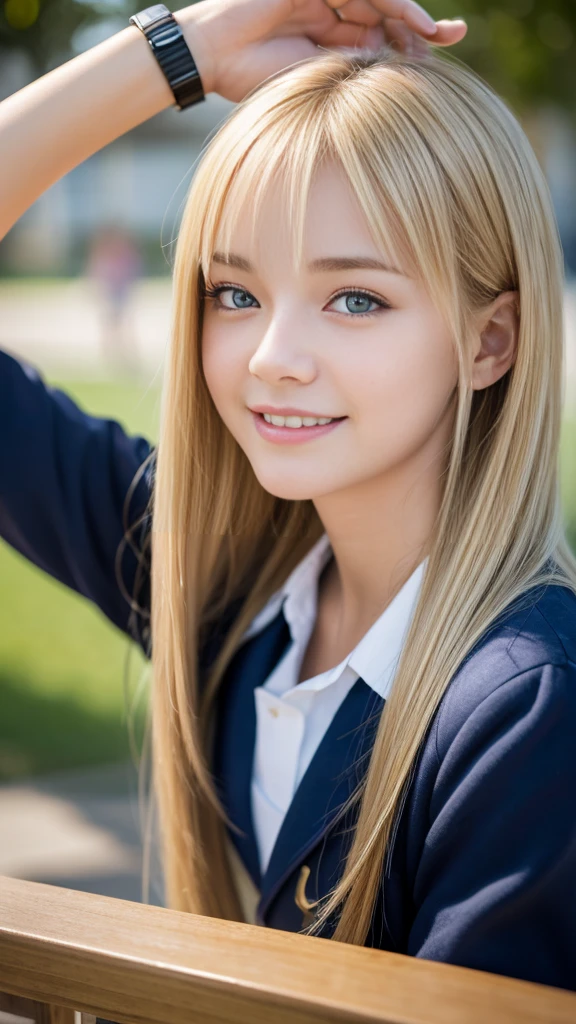 Highest quality,masterpiece:1.3,Ultra-high resolution),(Very detailed,Caustics,8K),(Realistic:1.4,RAW shooting),Wearing a high school uniform、American Girl,smile,18-year-old,Blonde Hair Color、American eyes、Straight long haircut,Looking into the camera,School playground、Waist up shot,front,Face Focus,Face close-up,(Warm Light),Professional Writing、Stretching exercises