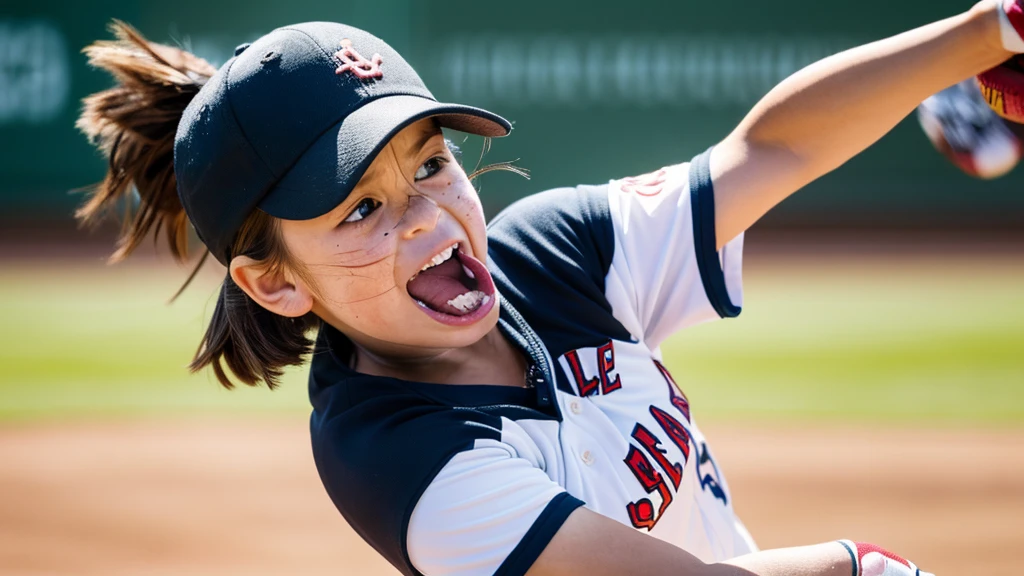 Create a hyperdetailed photorealistic image of a towheaded eight year old tomboy girl with freckles swinging at a baseball with a baseball bat. The look of great effort, determination, and frustration on her face is shown in high definition. The motion of the bat swinging through the air is depicted. She is wearing a baseball cap slightly askew. Her expression is humorous with her tongue sticking out the corner of her mouth as she concentrates.