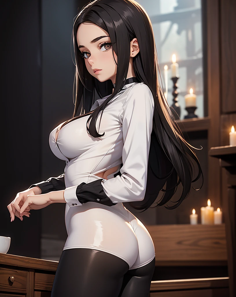 A beautiful adult girl standing, arms down,
beautiful face,
wearing a long sleeve white button up shirt, shiny black leggings, choker:1.6,
she has brown eyes, black fur, medium length dark straight hair, ((with a stripe in the middle)), ((Hairstyle without bangs)), whole body, perfect thighs, anatomically perfect legs, view from behind, perfect ass very slim figure, (big breasts), firm breasts, hourglass figure,
realistic skin,
The background is a dark cabin, at night
