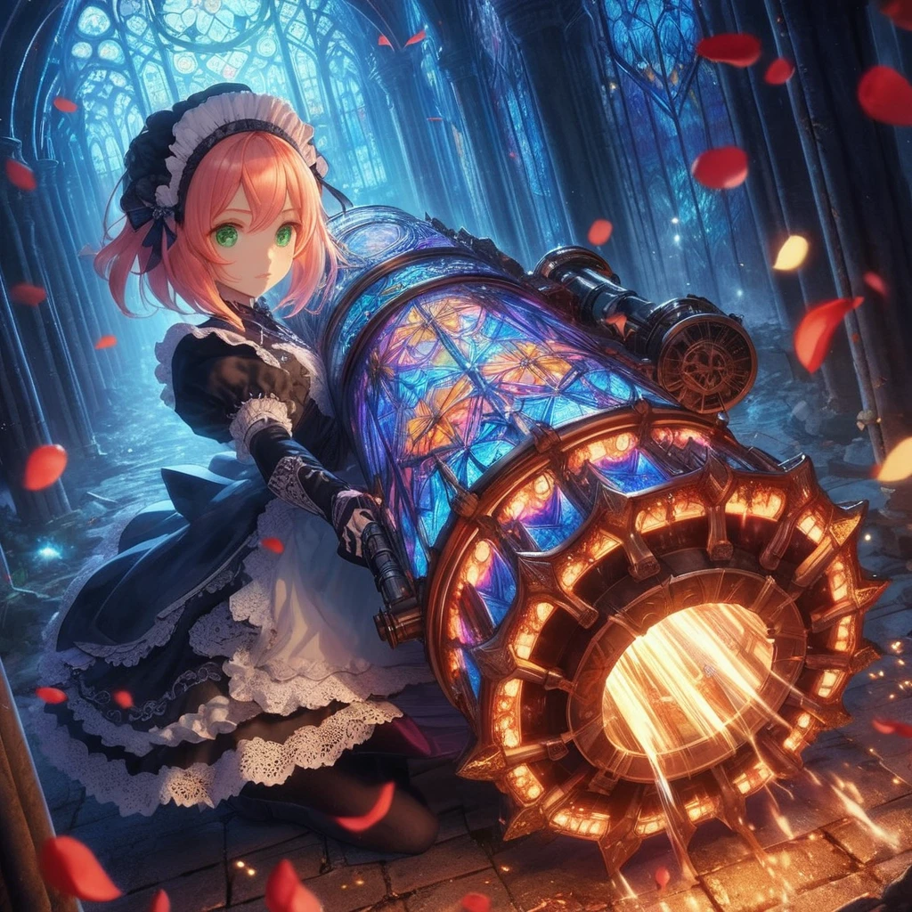 High-resolution rendering、Pink-haired, green-eyed black maid with a giant volt cannon、A gigantic Volt Cannon that is significantly larger than her head.、Detailed Vault Cannon、Blue and orange volt cannon。The Vault Cannon is engraved with intricate geometric stained glass patterns.、Shooting lightning。She points the Volt Cannon at the viewer.。Full Body Shot。In the background, it is pitch black with ruins.、The falling rose petals create a fantastic atmosphere.。An anime with delicate lines drawn using soft brushstrokes like watercolorultiple cels are layered to create the texture of ink.。Quality depicted through pinpoint detail。Full Body Shot