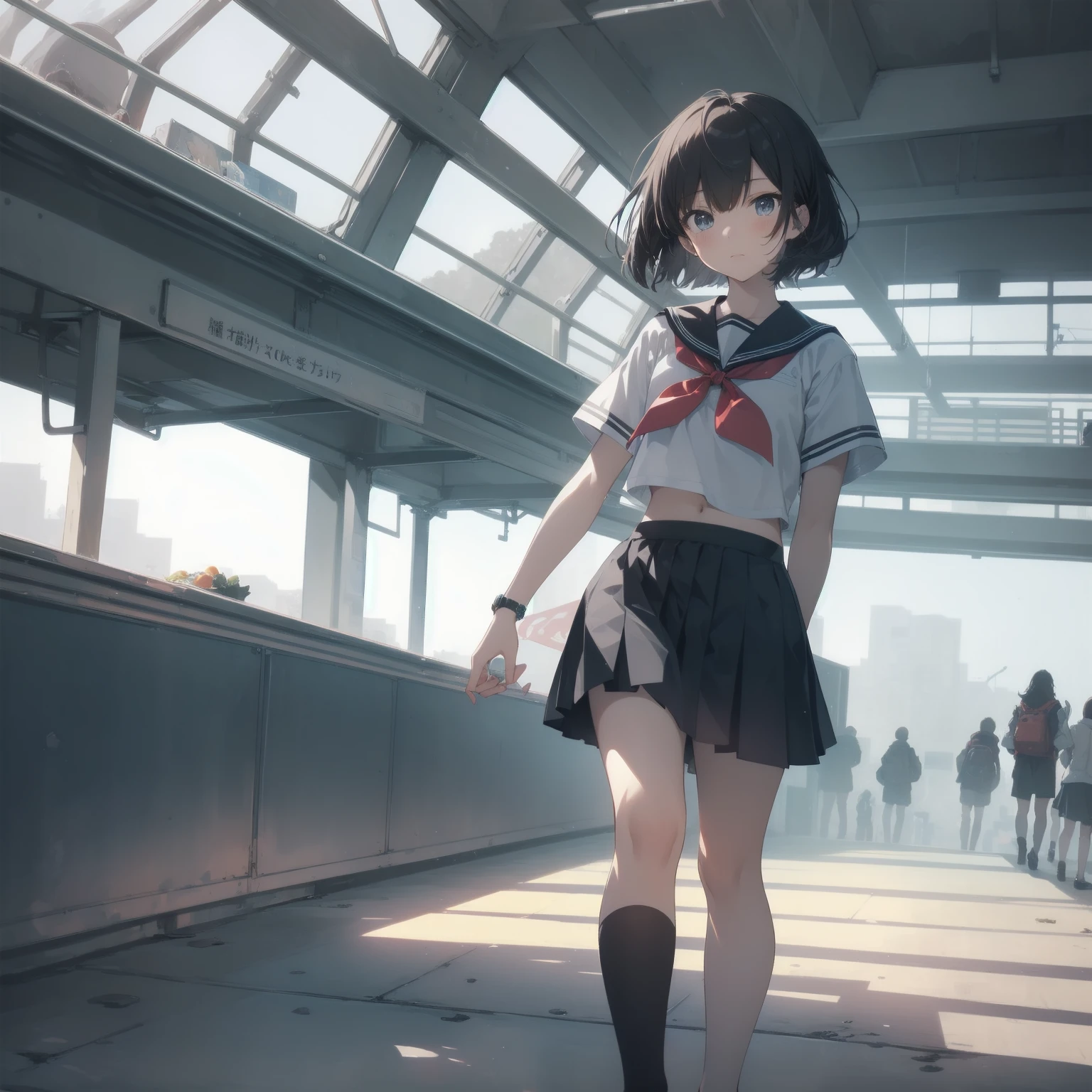 ultra-absurdres-Top quality by artist God, ultra-detailed, high resolution, anime moe artstyle, best anime 8k konachan wallpaper, pixiv contest winner, pool:2810, perfect anatomy,break, 1girl, (Please draw a girl walking sleepily to school alone. )break,(Solo,little female, 13-year-old:1.3),Full limbs, complete fingers,a junior high school student, (very short hair), short cut, flat chest, , small butt, small black eyes, beautiful detailed eyes, well-proportioned iris and pupils, expressive eyes, highres detailed hair, soft expression, salor school_uniform, sailor collar, serahuku, bow, pleated skirt,(Detailed Lighting), (Detailed background), in the School commute route. break,super detailed skin, Best cinematic lighting powered by famous artist, 8k,beauty illustration,photoshop_(medium),very aesthetic,break,((artist:null_(nyanpyoun) )), artist:clamp ,artist:carnelian ,artist:kantoku ,
