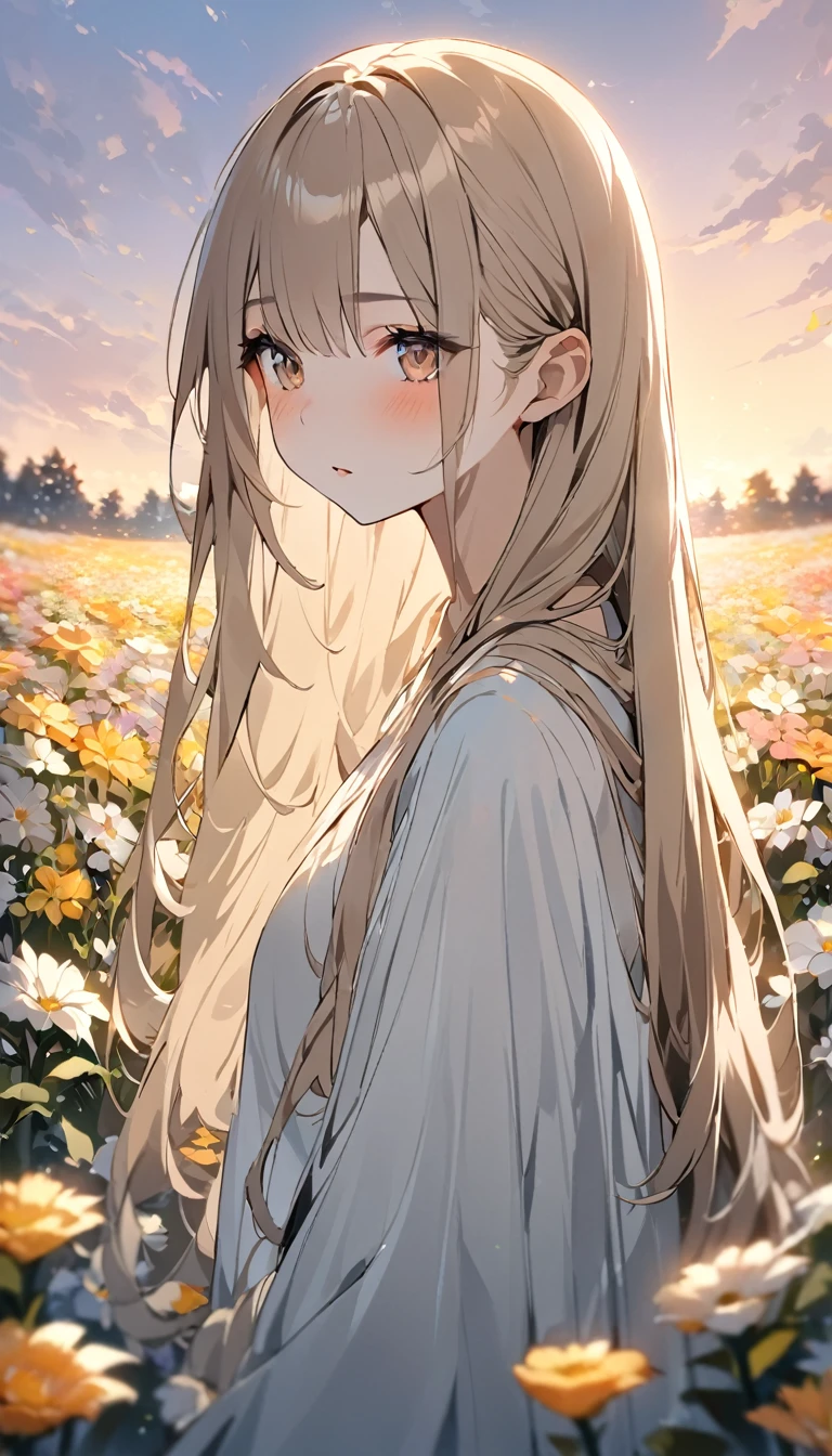 (masterpiece:1.2、Highest quality)、Hmph、Intricate details、One Girl、albino、Light brown eyes、beautiful brown long-haired、Silky straight hair、Twilight Look、Long Grey Poncho、(((Outdoor、Flower Field、Colorful flowers々)))、Natural light、Faint lighting