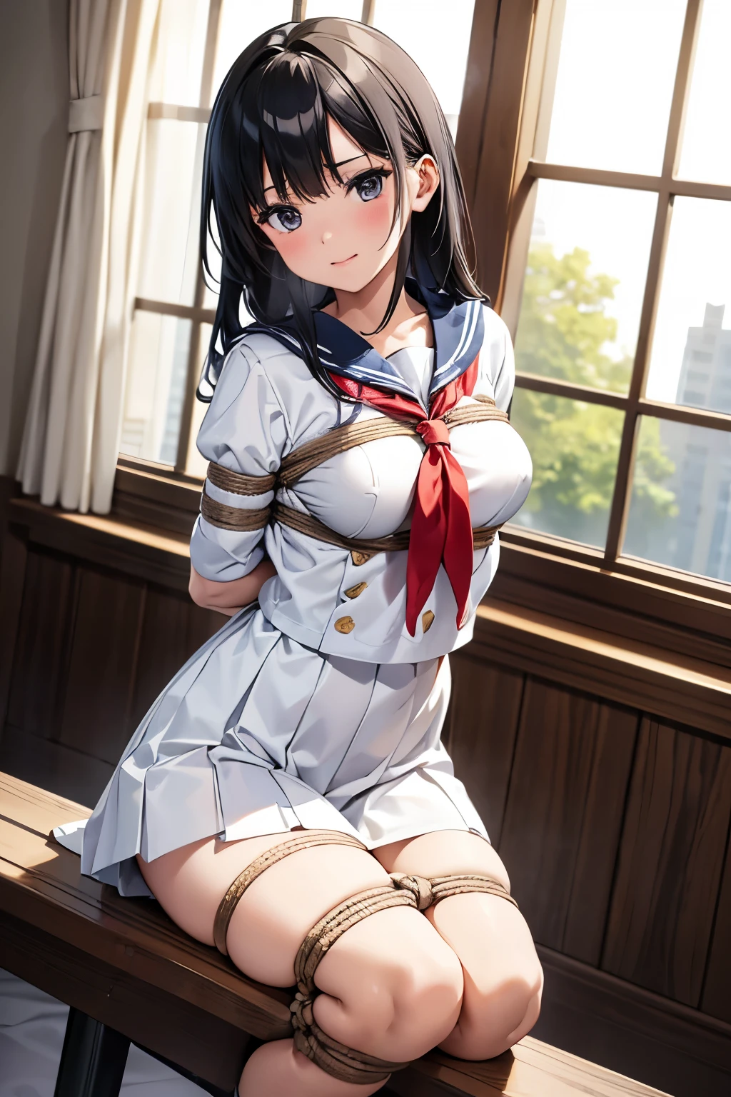 (Highly detailed CG unity 8k), (highest quality)，(very detailed)，(ultra high resolution), 1 female, white cloth gag, uniform, sailor suit, rope bondage, breasts rope bondage, hands back rope bondage, leg rope bondage, thigh rope bondage, bust rope bondage, feet rope bondage, Arms behind the waist, bound wrists, shackles the ankles, gag with a white cloth, Dark blue skirt, black hair, BDSM,