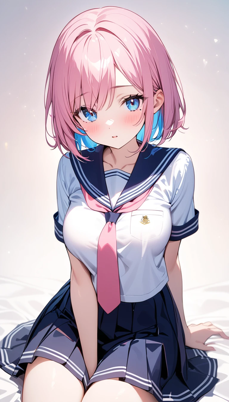 (1 girl),(Best Picture Quality, 8K, Masterpiece:1.3), (high school student:1.5), (pink lob hair:1.1), [skyblue hair:0.1], (bob cut),(swept bangs), (cute eyes, pupil black, iris skyblue, youthful face), (mole under right eye), (standard weight), (medium breasts), (glistening skin:1.1),(pale skin:1.2), ((serafuku, white sailor short sleeve simple shirt, darkblue skirt, darkblue sailor collar, pink tie)).