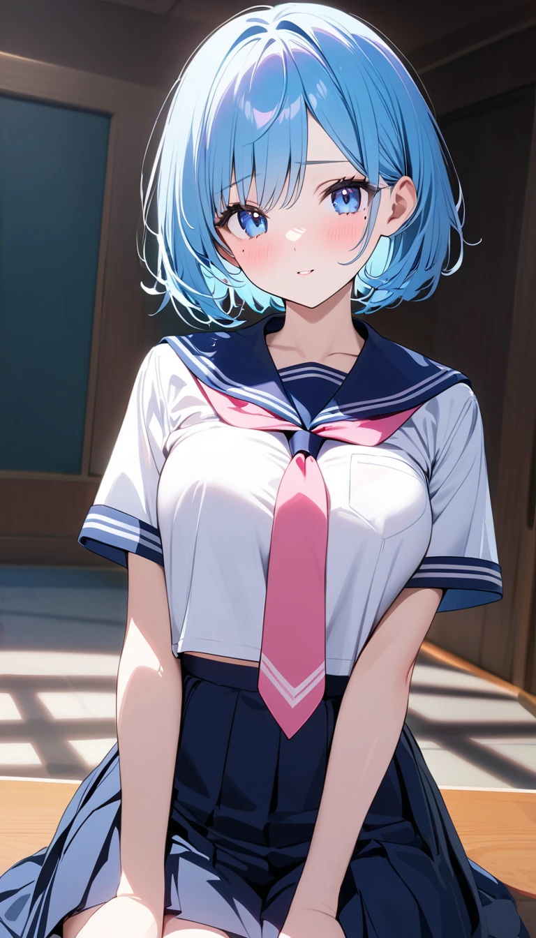 ((highest quality)), ((masterpiece)), (detailed), Perfect Face、NSFW、Big Breasts、Squat、Leg spread、solo、Covered in semen、front、Having sex in your underwear、Ahegao、Creampie、Garter Stockings、Sailor Mercury、(((Normal position)))You can see her pussy even with her underwear on、Pussy