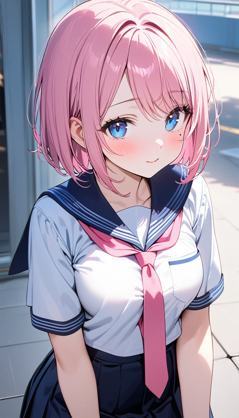 (1 girl),(Best Picture Quality, 8K, Masterpiece:1.3), (high school student:1.5), (pink lob hair:1.1), [skyblue hair:0.1], (bob cut),(swept bangs), (cute eyes, pupil black, iris skyblue, youthful face), (mole under right eye), (standard weight), (medium breasts), (glistening skin:1.1),(pale skin:1.2), ((serafuku, white sailor short sleeve simple shirt, darkblue skirt, darkblue sailor collar, pink tie)).