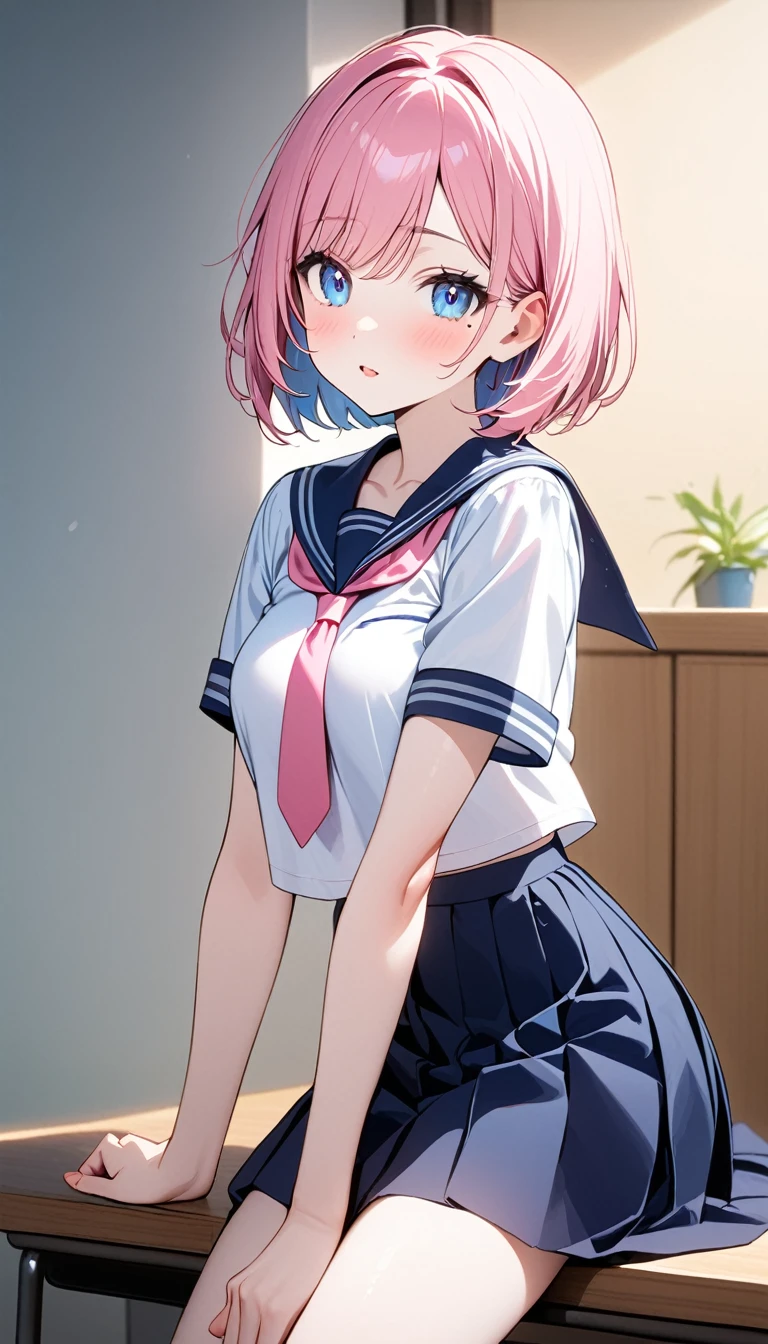 (1 girl),(Best Picture Quality, 8K, Masterpiece:1.3), (high school student:1.5), (pink lob hair:1.1), [skyblue hair:0.1], (bob cut),(swept bangs), (cute eyes, pupil black, iris skyblue, youthful face), (mole under right eye), (standard weight), (medium breasts), (glistening skin:1.1),(pale skin:1.2), ((serafuku, white sailor short sleeve simple shirt, darkblue skirt, darkblue sailor collar, pink tie)).