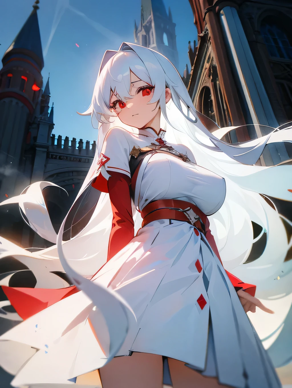 1girl, long white hair, red eyes, wearing simple white dress, White skirt, revealing big breasts, historical city, historic mension, high res, ultrasharp, 8K, masterpiece, looking at viewer