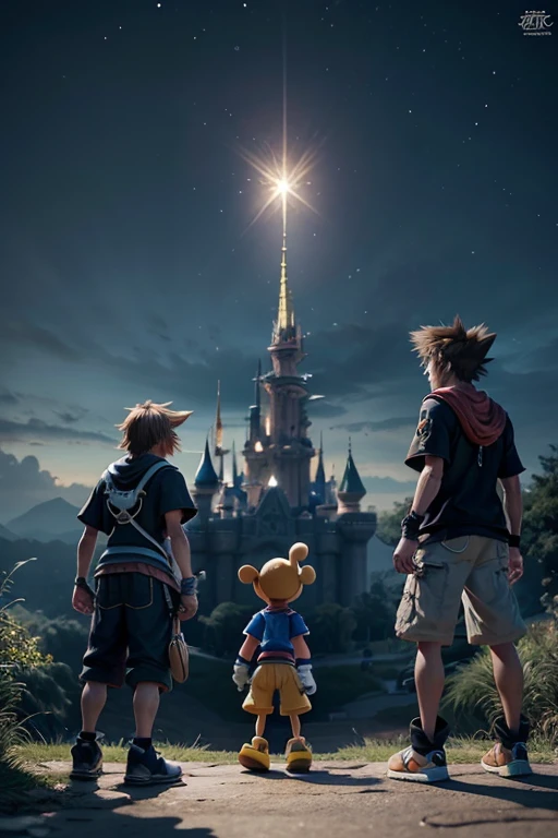 create an image of Sora, donald and goofy da serei from kingdom hearts games, In an epic scene