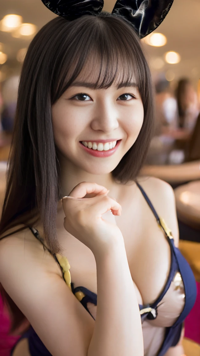 (Highest quality, masterpiece, Photo Real, Super detailed, Ultra-high resolution, born:1.3), One girl, cute, Japanese, smile, bangs, (Big Breasts), See-through leotard, (Playboy Bunny:1.3), See-through, Transbunny, (casino), Underarm, Cowboy Shot, (Wrist cuff), compensate, Bunny ears,