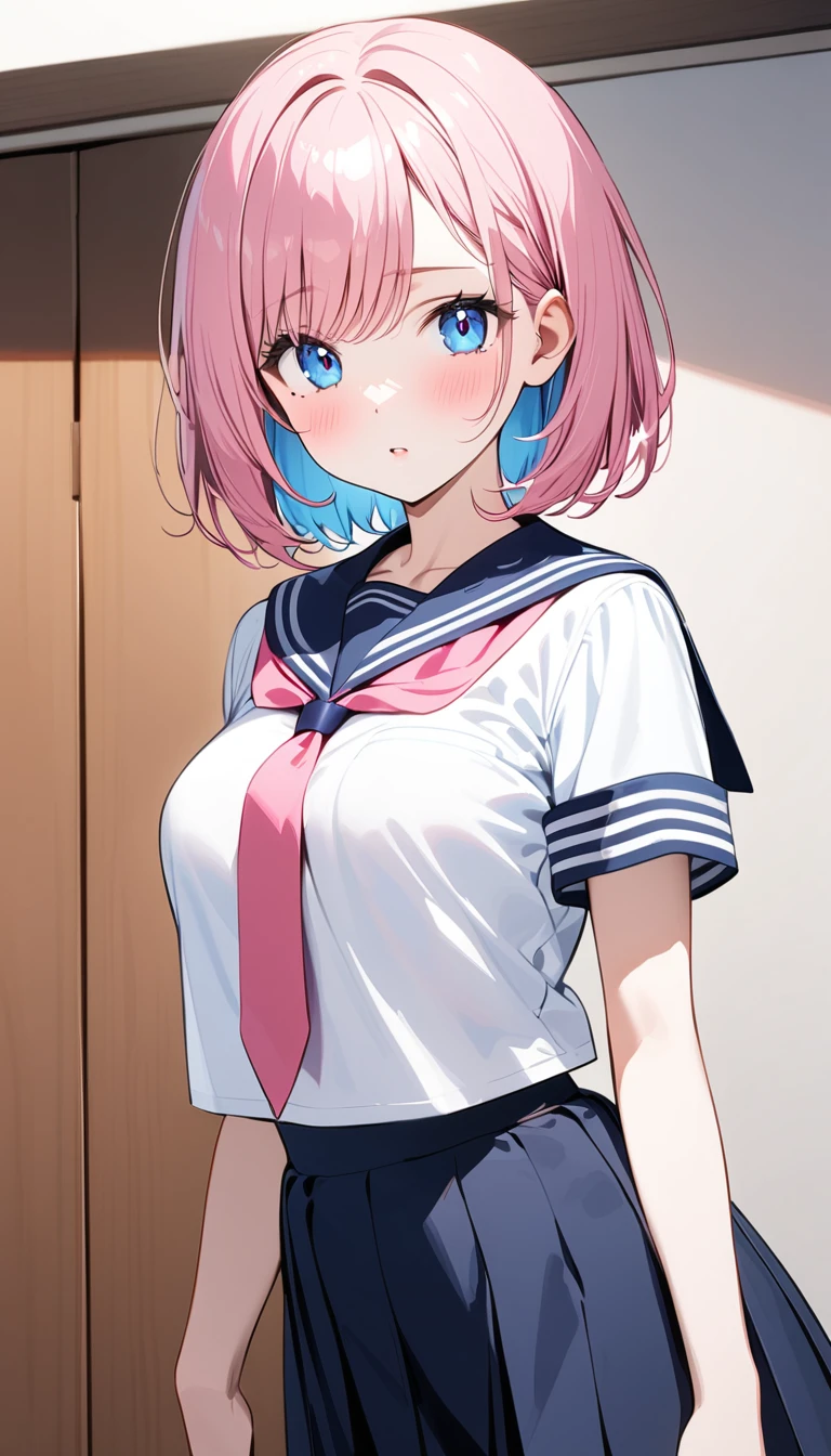 (1 girl),(Best Picture Quality, 8K, Masterpiece:1.3), (high school student:1.5), (pink lob hair:1.1), [skyblue hair:0.1], (bob cut),(swept bangs), (cute eyes, pupil black, iris skyblue, youthful face), (mole under right eye), (standard weight), (medium breasts), (glistening skin:1.1),(pale skin:1.2), ((serafuku, white sailor short sleeve simple shirt, darkblue skirt, darkblue sailor collar, pink tie)).