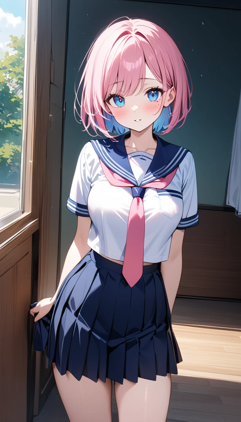 (1 girl),(Best Picture Quality, 8K, Masterpiece:1.3), (high school student:1.5), (pink lob hair:1.1), [skyblue hair:0.1], (bob cut),(swept bangs), (cute eyes, pupil black, iris skyblue, youthful face), (mole under right eye), (standard weight), (medium breasts), (glistening skin:1.1),(pale skin:1.2), ((serafuku, white sailor short sleeve simple shirt, darkblue skirt, darkblue sailor collar, pink tie)).